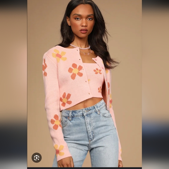 Lulu's Pink & Orange Cropped Sweater Set - Size L - Picture 1 of 16